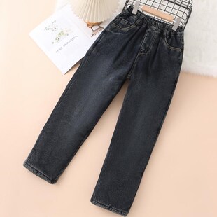 男女童棉裤外穿一条过冬三层夹棉加绒加厚牛仔裤儿童女中大童裤子