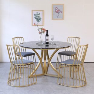 北欧轻奢大理石圆形餐桌现代桌铁艺家用小户型带转盘圆餐桌椅组合