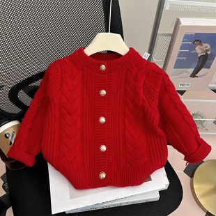 女童加厚毛衣春秋装2024新款洋气时髦小女孩儿童红色针织开衫外套