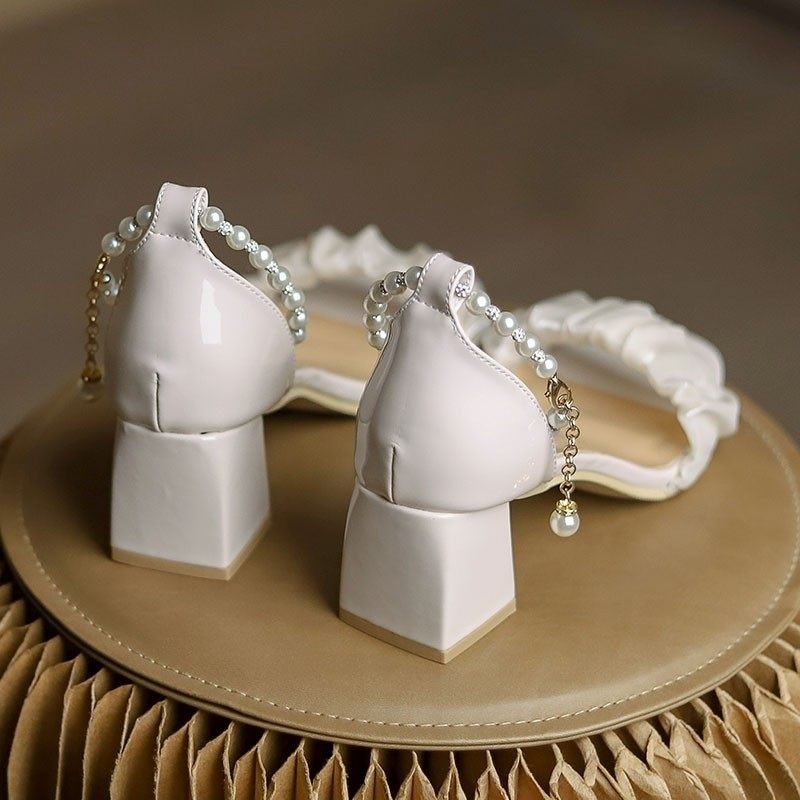 粗跟凉鞋女夏仙女风2023新款配裙子一字带珍珠中跟温柔法式高跟鞋,女鞋,一字带凉鞋,淘宝优惠券,粉丝福利购,淘宝优惠卷