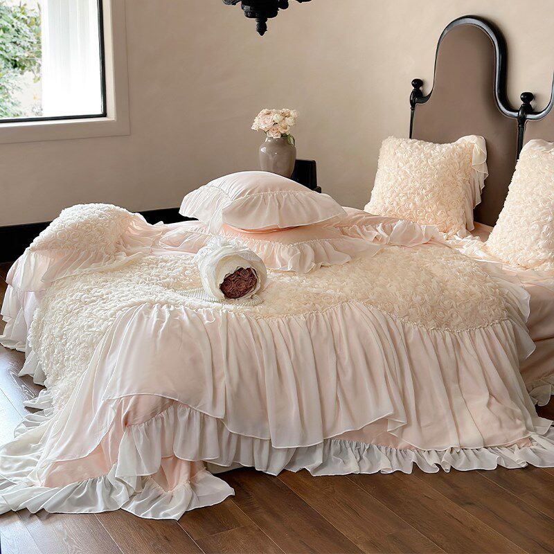 浪漫主义仙气立体玫瑰100支全棉四件套纯棉法式蕾丝大花边床品