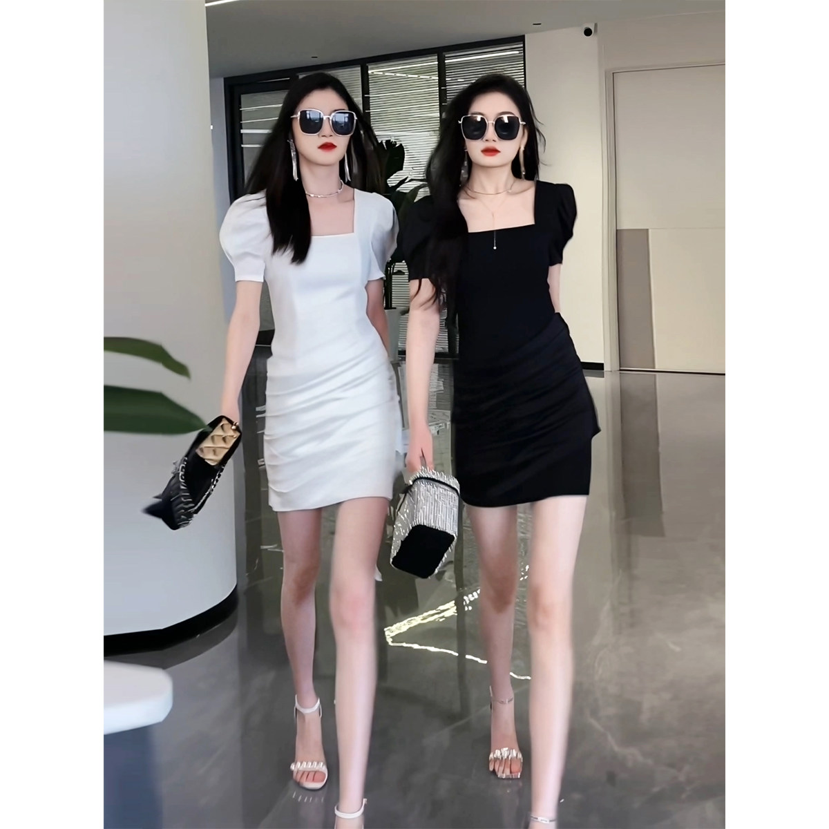 法式不规则纯色连衣裙女2024夏季新款泡泡袖褶皱显瘦短款包臀裙子图片