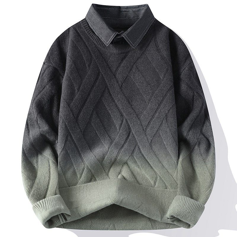 2024秋冬季新款衬衫领宽松渐变色针织衫加厚保暖假两件带领毛衣男