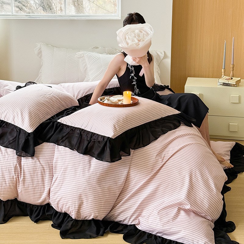 公主风全棉大花边四件套纯棉细条纹被套宿舍床上三件套少女心床品