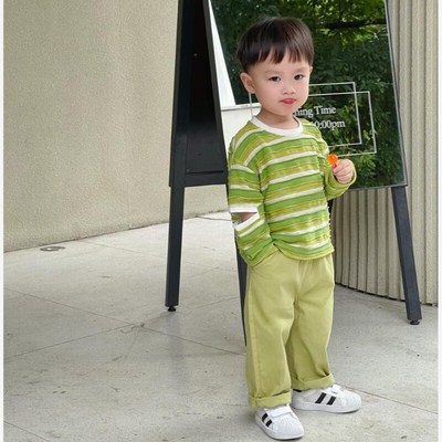 男童绿色条纹T恤2024新款夏季韩版童装帅气百搭上衣男宝休闲