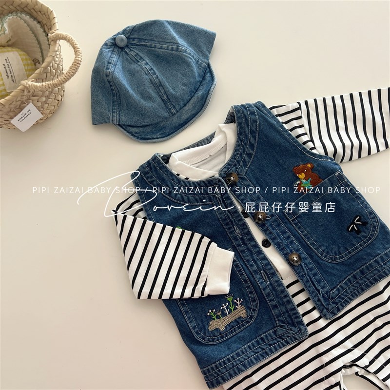 牛仔外套背心马甲新生婴幼儿男宝宝春秋安阳条纹哈衣帅气套装新款