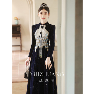 中式主持人晚礼服2024新款旗袍高级感连衣裙宴会冬季端庄大气年会