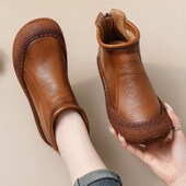 复古简约K防滑软底鞋 真皮短靴女鞋 平底2024秋冬新款 中老年妈妈皮