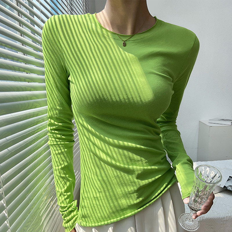 圆领长袖打底衫女秋季气质紧身微透薄款针织衫减龄上衣白色t恤女