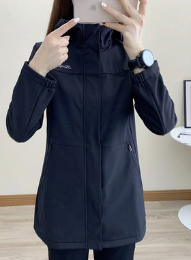 中长款软壳冲锋衣女户外防风保暖连帽夹克风衣摇粒绒内里单层外套