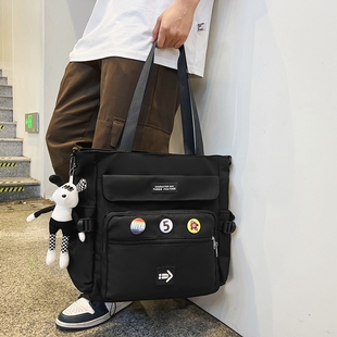 斜挎包男补课男孩帆布袋初中生书包大容量手提拎挎包男生补习布包