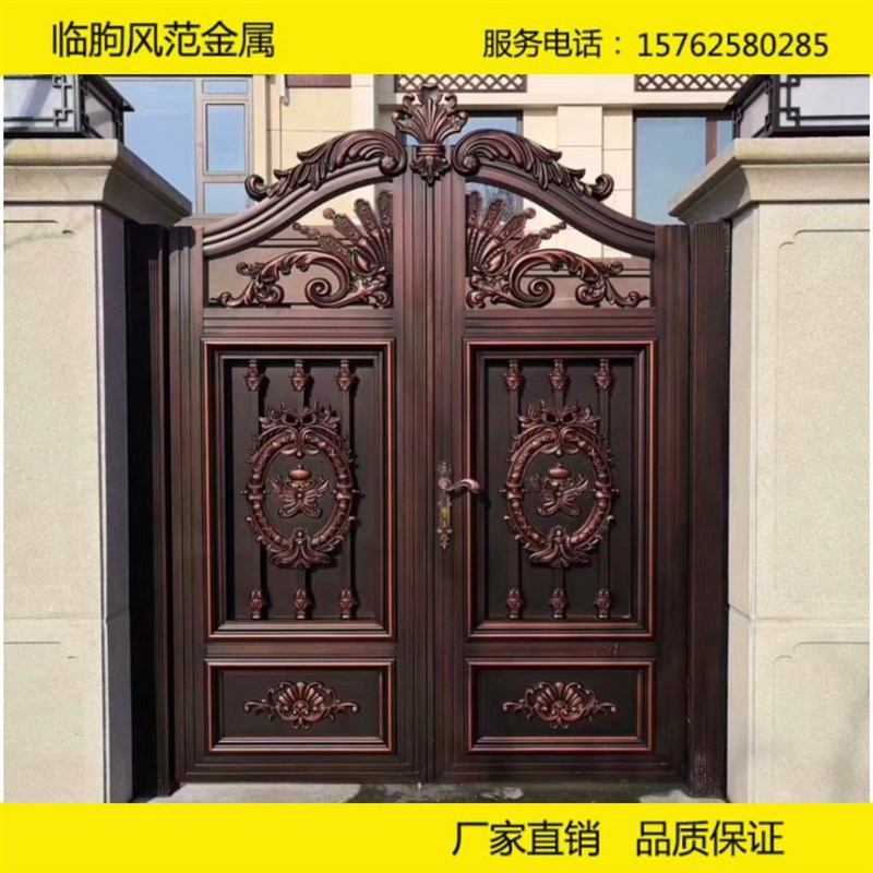 经典红古铜拉丝铝艺别墅大门对开门铝合金庭院门乡村院子门电动门图片