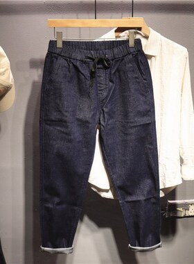 毒类 美式复古深色牛仔裤秋季男士百搭休闲时尚松紧腰抽绳长裤潮