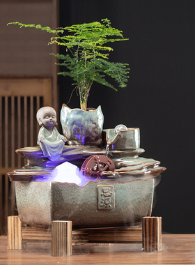 禅意创意陶瓷摆件办公室流水喷泉中E式风水轮式家居鱼缸加湿器景