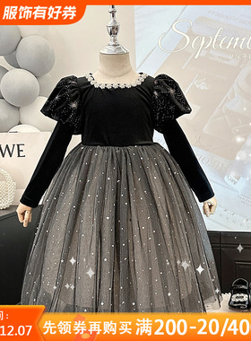 女童洋装秋冬季2023新款儿童高端黑色礼服小女孩洋派加绒公主裙