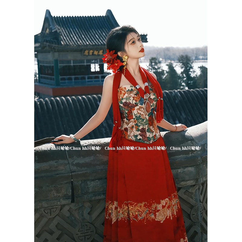 新中式国风红色京云染汉服改良马面裙女夏季订婚半身裙上衣一整套图片