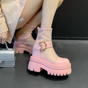 粉色真皮12cm内增高马丁靴女透气镂空网布凉靴女15cm高跟厚底短靴