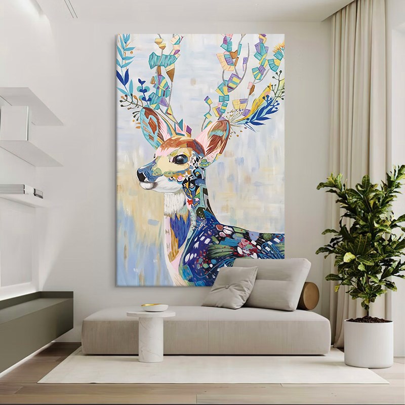 多巴胺色彩小g鹿丙烯挂画客厅抽象派艺术手绘油画玄关九色鹿装饰图片