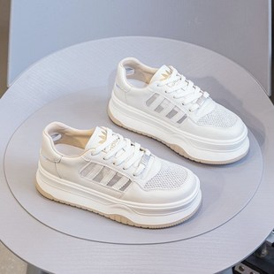 面包休闲运动板鞋 真皮网面薄款 镂空透气网鞋 女2024夏季 厚底小白鞋