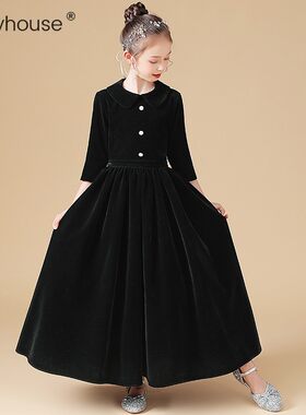 女童黑色晚礼服管弦乐钢琴演出服儿童小主持人半袖公主裙秋冬保暖