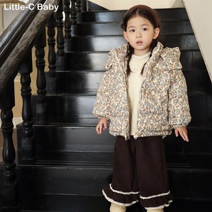 韩国女童2024秋冬新款复古高级感碎花加厚羽绒服宝宝保暖羽绒袄子
