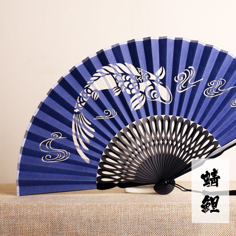 日式扇子折扇中国风剪纸风男扇 蜻蜓鲤鱼真丝纸复合古风折叠扇子