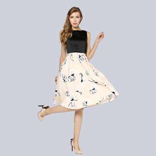 大码女装拼接花印无袖背心挂脖性感一字肩领蓬蓬连衣裙子夏季奢华