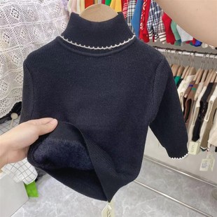 女童加绒毛衣一体绒冬季新款保暖白色打底衫儿童黑色高领童装洋气