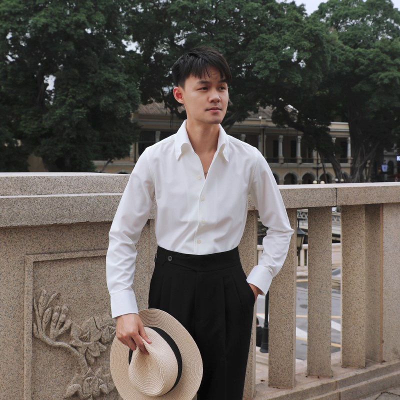 [两色] 复古绅士特色V型翻领一片领仿牛仔色白色修身儒雅潮男衬衫