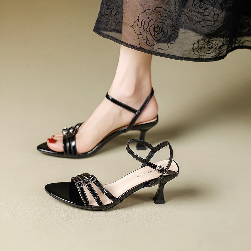 法式小众皮带扣一字带凉鞋女夏季不累脚细跟尖头仙女风配裙高跟鞋,女鞋,一字带凉鞋,淘宝优惠券,粉丝福利购,淘宝优惠卷