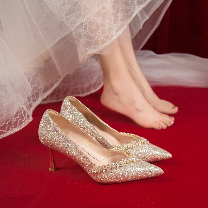 婚鞋女款夏季配婚纱高级感法式细跟高跟鞋2024年新娘水钻尖头单鞋,女鞋,婚鞋,淘宝优惠券,粉丝福利购,淘宝优惠卷