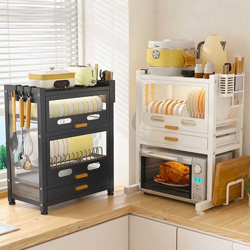 厨房置物架碗碟收纳柜透明上翻门式多层带沥水层餐具台面整理柜子