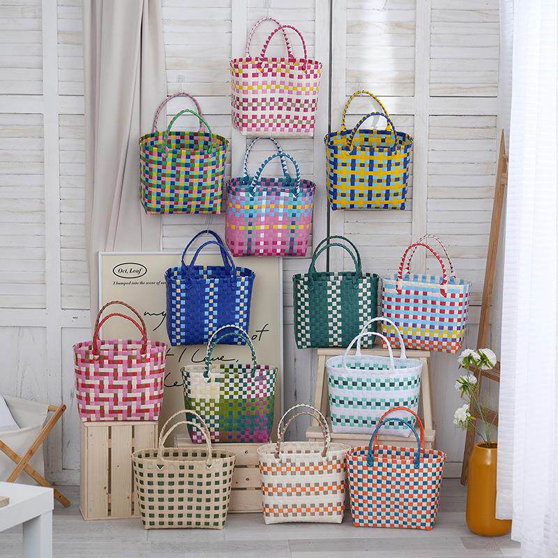 百搭沙滩包大容量手提包手工购物篮编织风格花色手提菜篮子