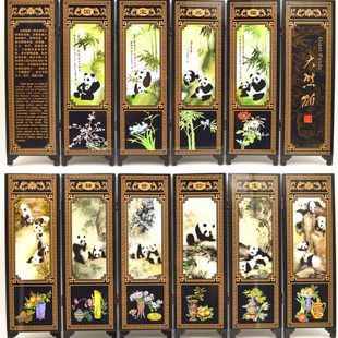 饰摆件中国风特色礼品送老外礼物民间工艺品 仿古漆器小屏风熊猫装