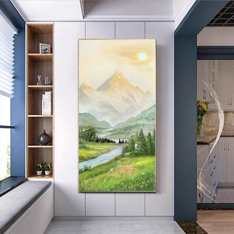 手绘油画入户正对门玄关客厅日照金山小鹿饮水现代轻奢装饰画挂画图片