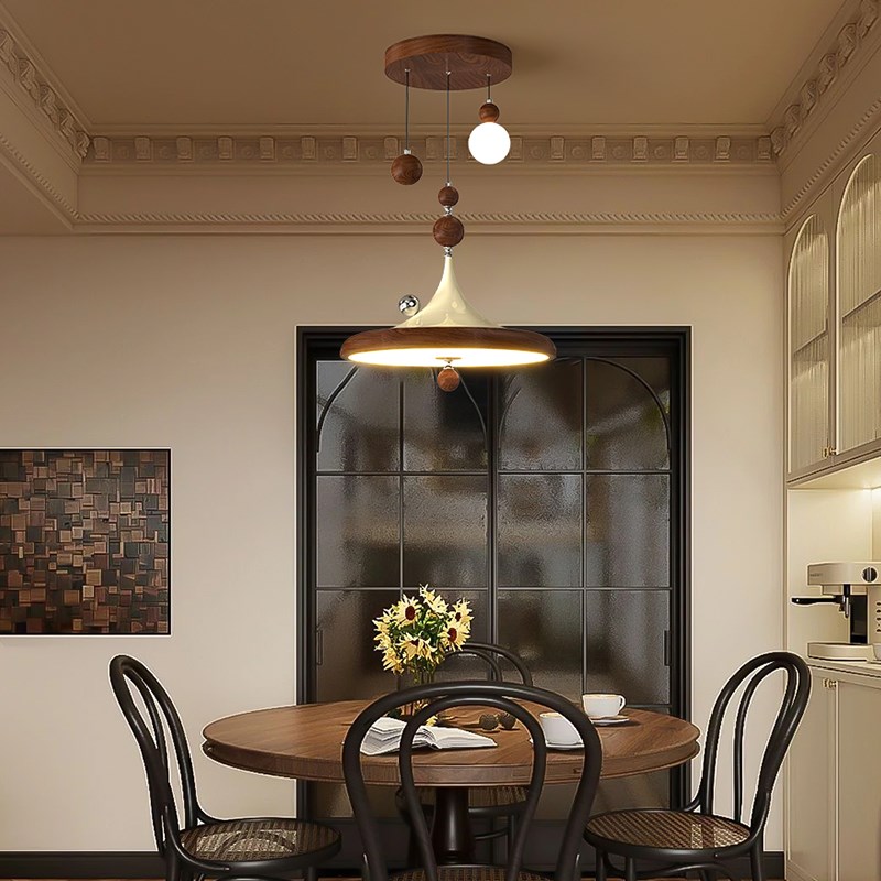 饭厅吊灯中古风覆古胡桃木色创意圆球餐桌吧台灯温馨氛围感护眼灯