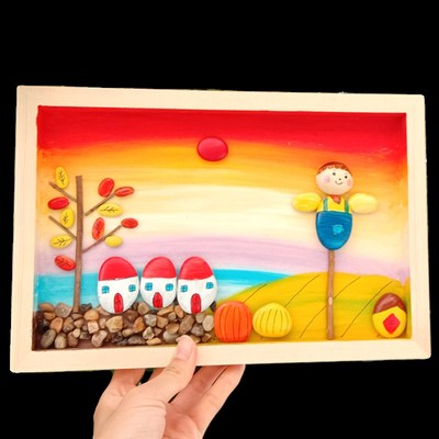 雪景冬石头拼画diy材料包手工绘画幼儿园美术创意作业走廊装饰画