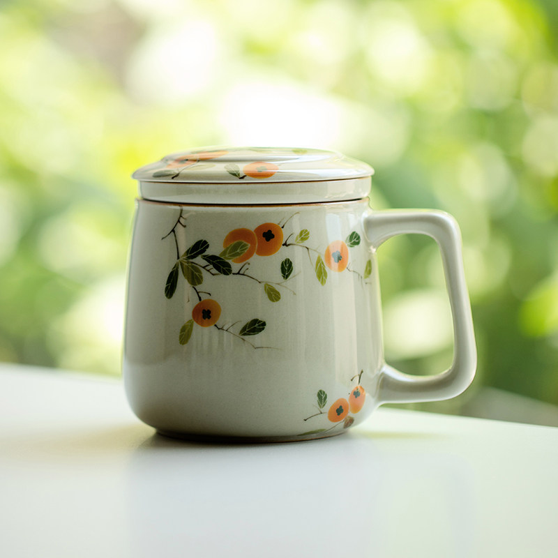 纯手绘柿子泡茶杯茶杯马杯办公室茶水分离水杯带把带盖