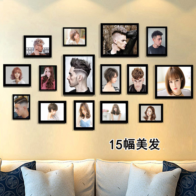 新款美发店装饰画理发店挂画v壁画美容院背景墙个性美女发型照片图片