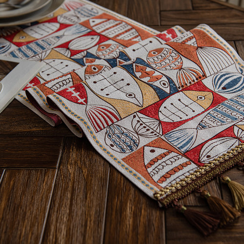 小鱼卡通棉麻布艺长条桌旗长方形家用餐桌布加厚茶几电视柜盖巾