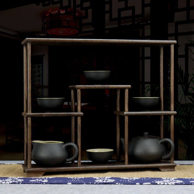 鸡翅木小博古架多宝阁榫卯结构纯实木茶具茶壶架子展示架石头底座
