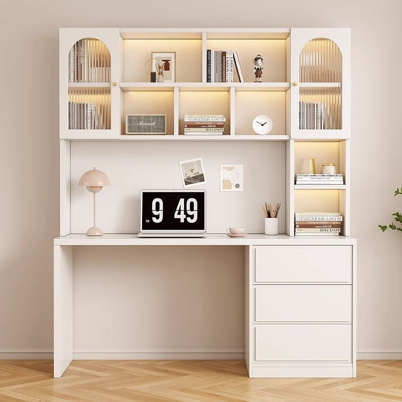 实木书桌书架一体奶油风家用卧室书柜台式电脑桌儿童学习桌子