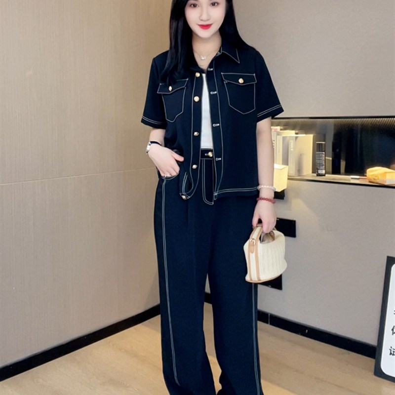 大码女装夏装时尚套装胖mm高级感遮肉短袖衬衫外套宽松裤子两件套