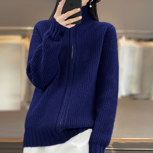 立领针织外套女纯色宽松百搭大尺码 秋冬中长版 遮肉胖MM拉炼毛衣开