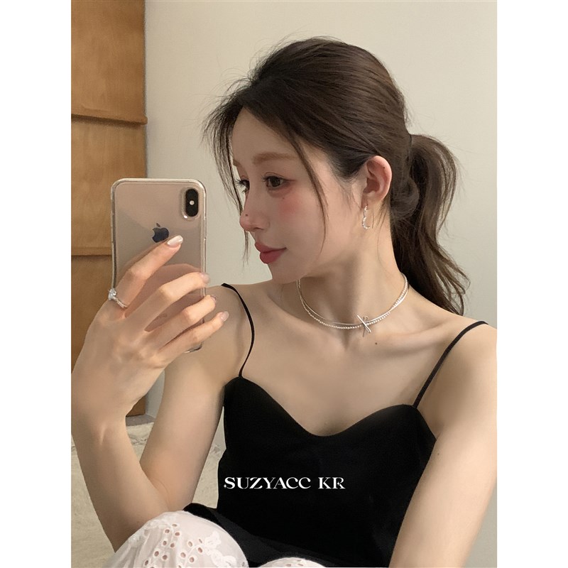 suzyacc kr个性皮绳蝴蝶结珍珠项链2024新款小众甜酷少女锁骨链