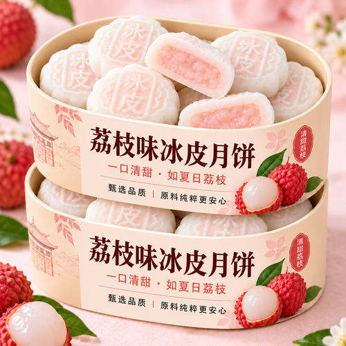 荔枝味冰皮月饼2026新款爆浆冰淇淋荔枝味月饼中式糕点官方旗舰店