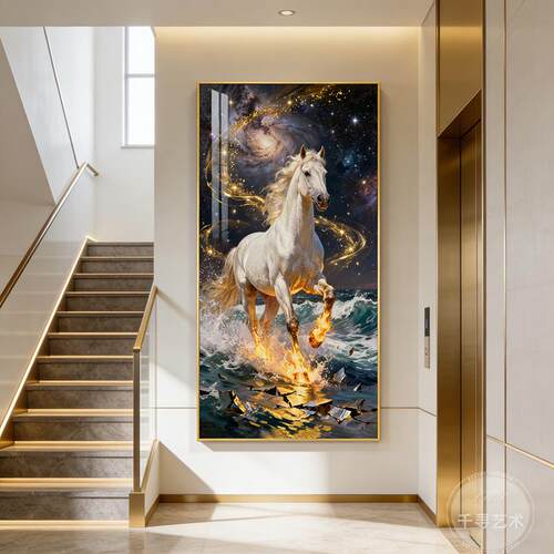 黑金骏马玄关挂画现代高级感走廊入户带灯壁画马到成功客厅装饰画
