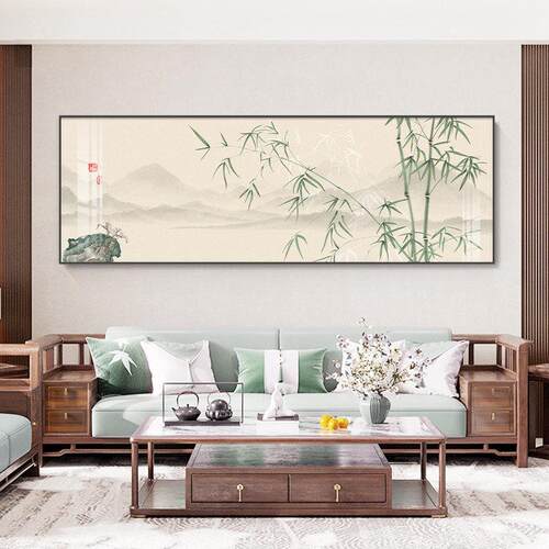 竹子客厅装饰画新中式水墨茶室壁画现代简约横版沙发背景墙挂画