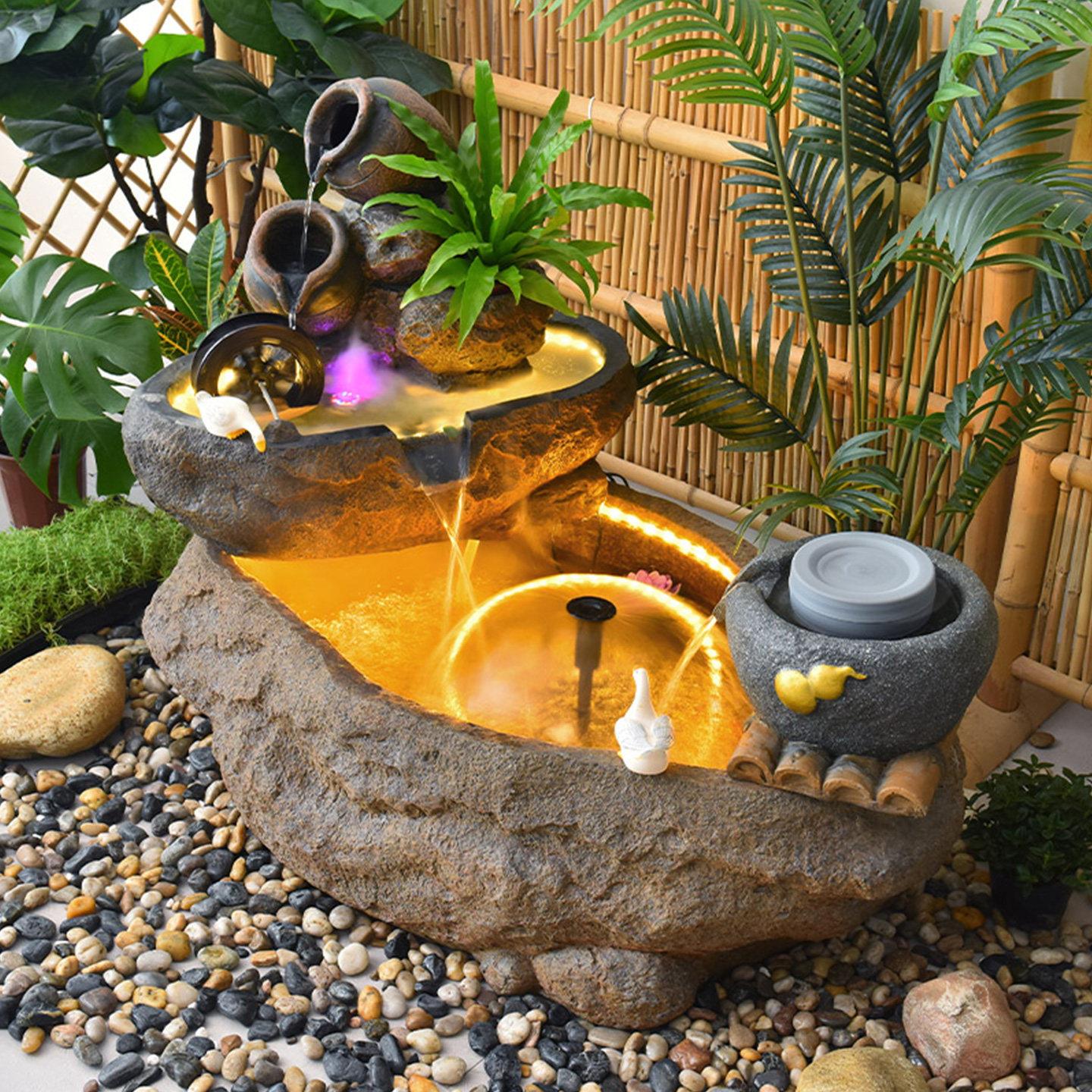 新中式庭院流水摆件花园造景鱼池假山喷泉循环水招财风水车轮景观