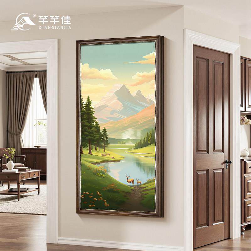 流水生财山水风景画入户玄关装饰画背有靠山高级感进门正对墙挂画